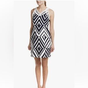 Taylor Navy Blue/White V-Neck Jacquard Cotton Fringe Dress Sz 8